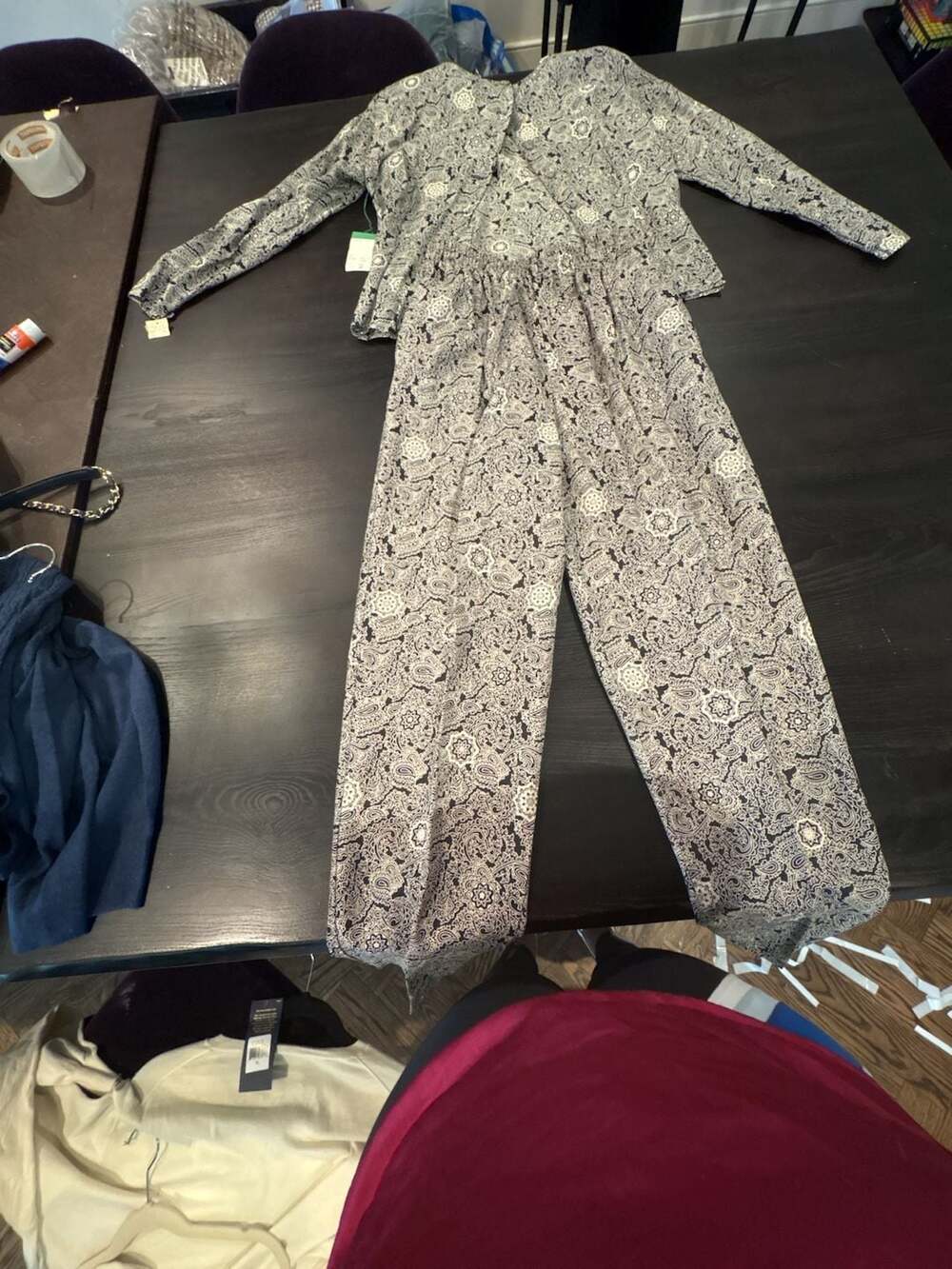 Vintage Black White Floral Paisley 2-Piece Long Sleeve Top and Pants Set size 8/ - Picture 4 of 15